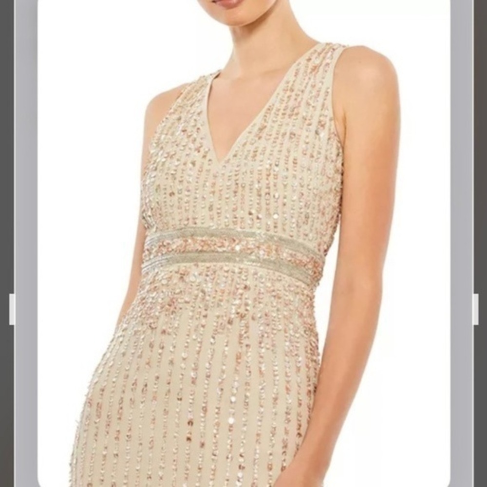 MAC DUGGA Sequined Sleeveless V-Neck Midi Sheath Dress in Nude Size 12